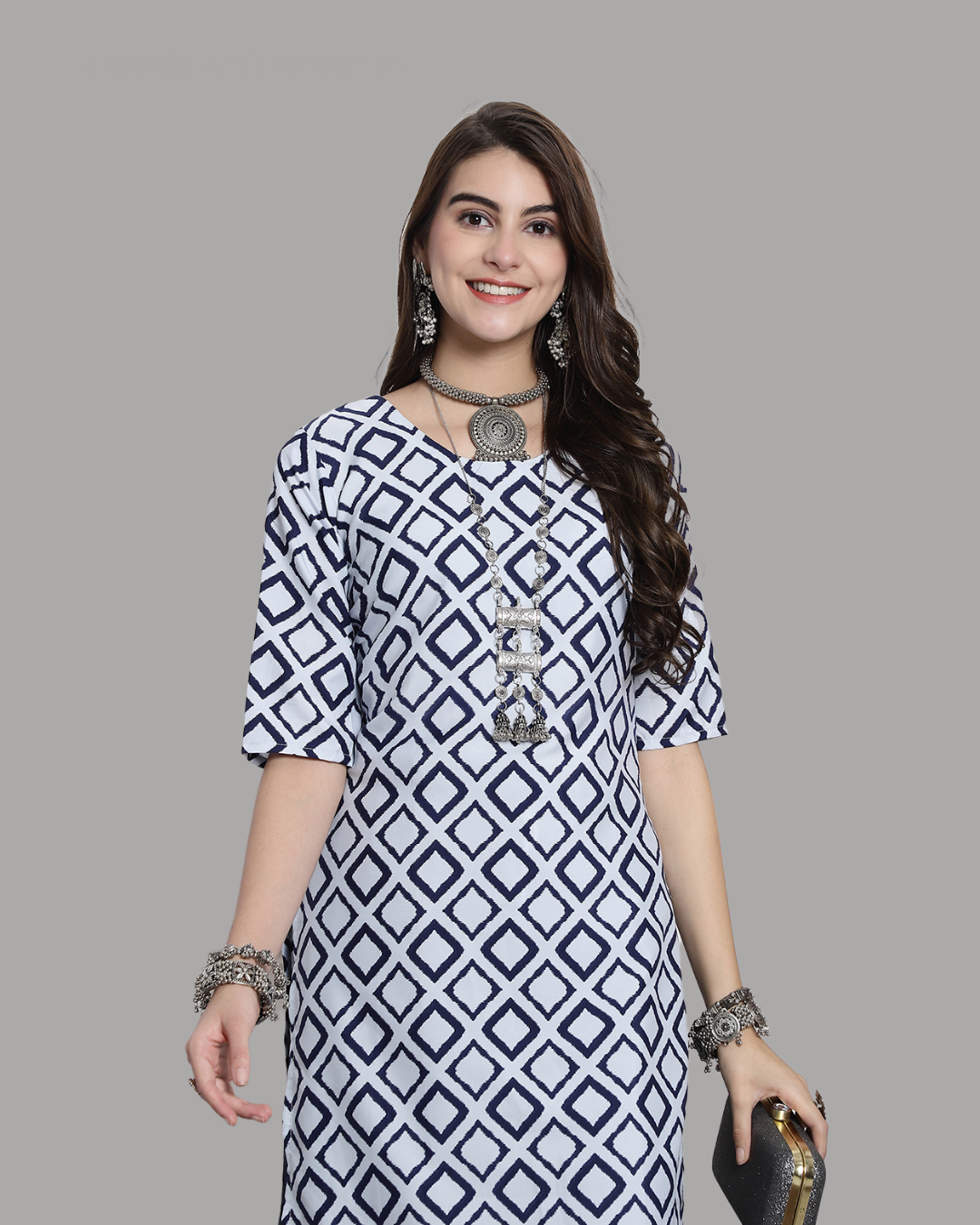 Navy and Ivory Block Printed Kurta
