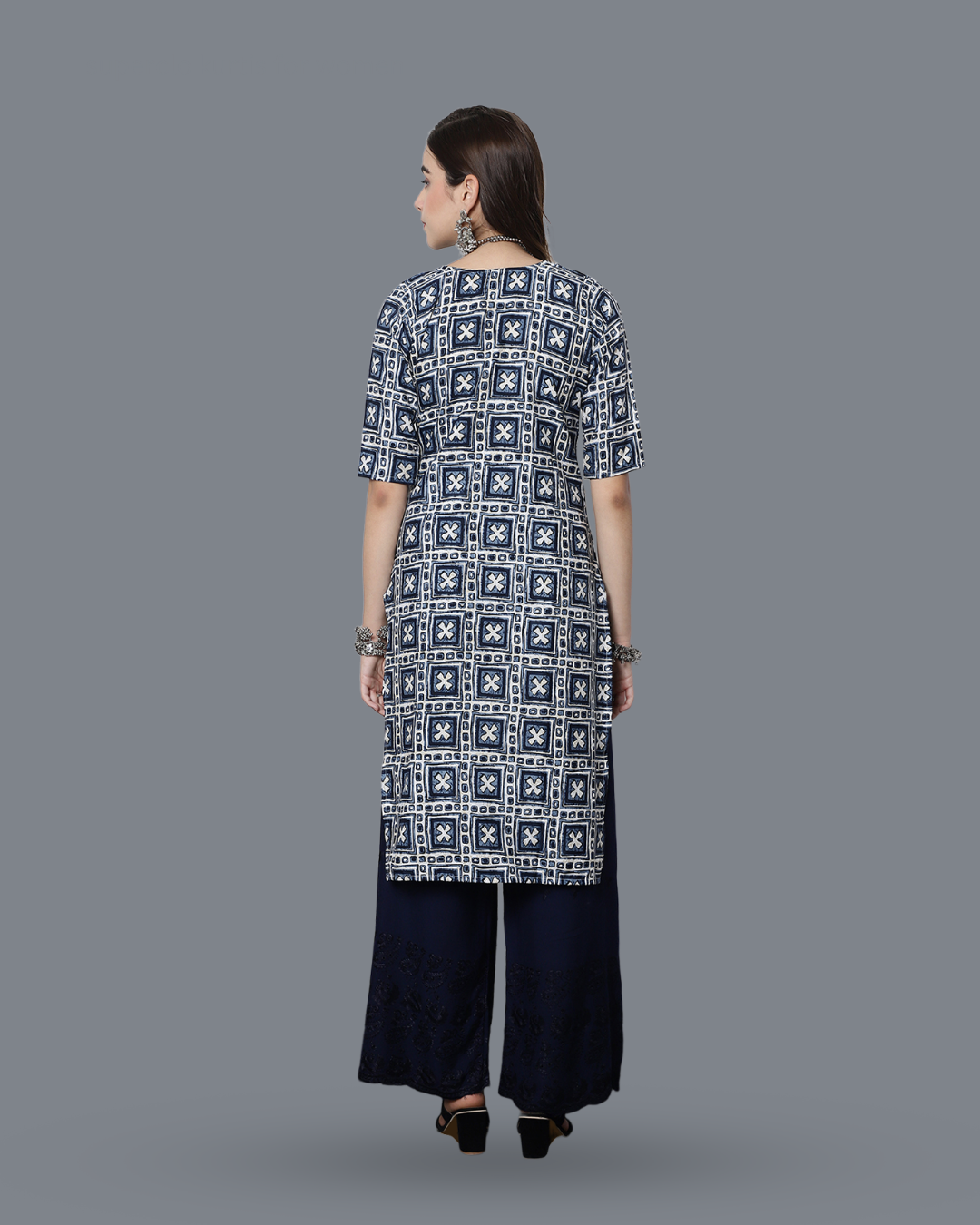 Navy Blue Cross Printed Kurta