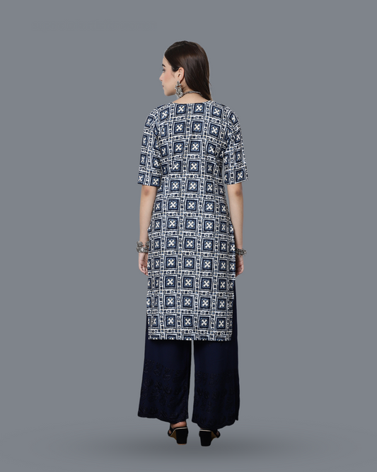 Navy Blue Cross Printed Kurta