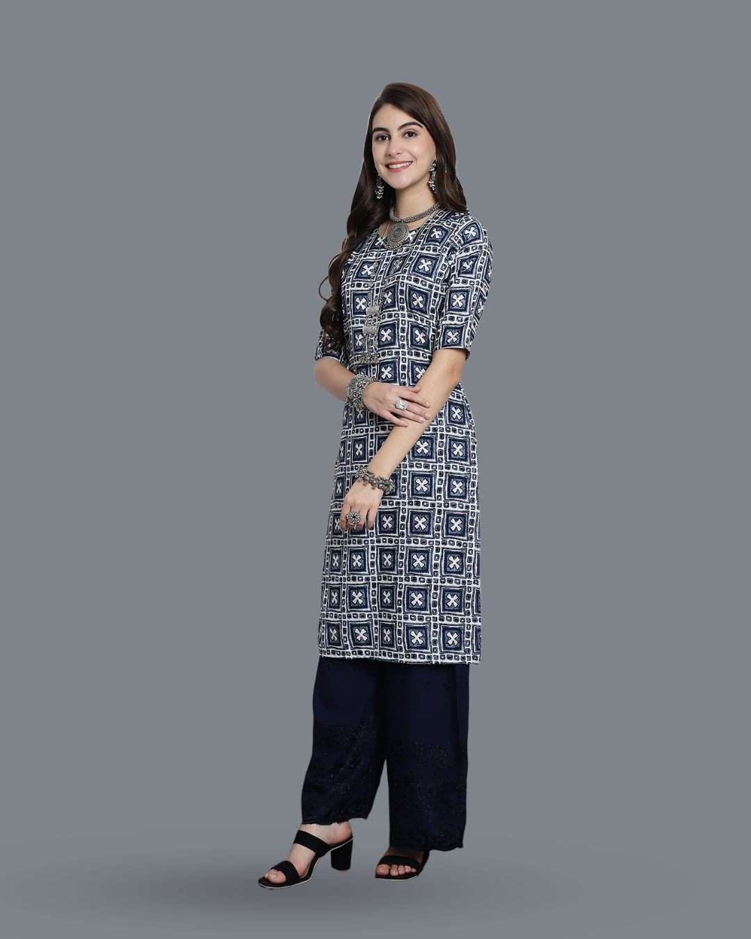 Navy Blue Cross Printed Kurta