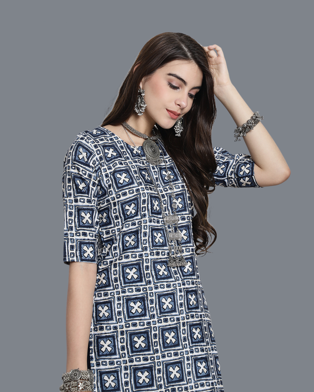 Navy Blue Cross Printed Kurta