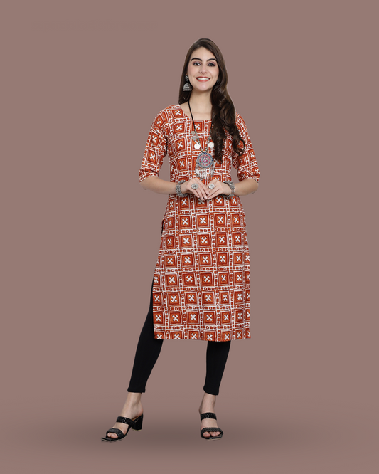 Tangerine Cross Printed Kurta