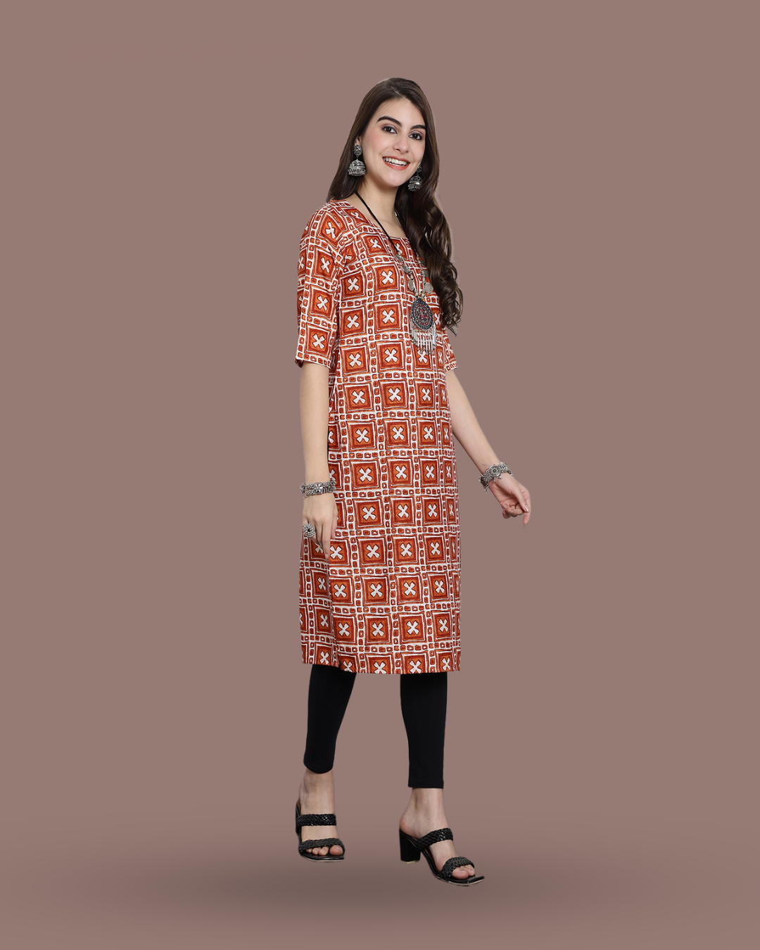 Tangerine Cross Printed Kurta