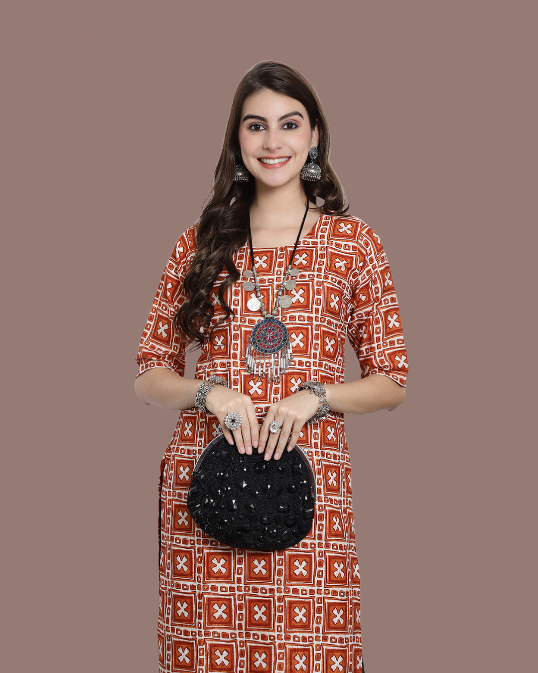 Tangerine Cross Printed Kurta