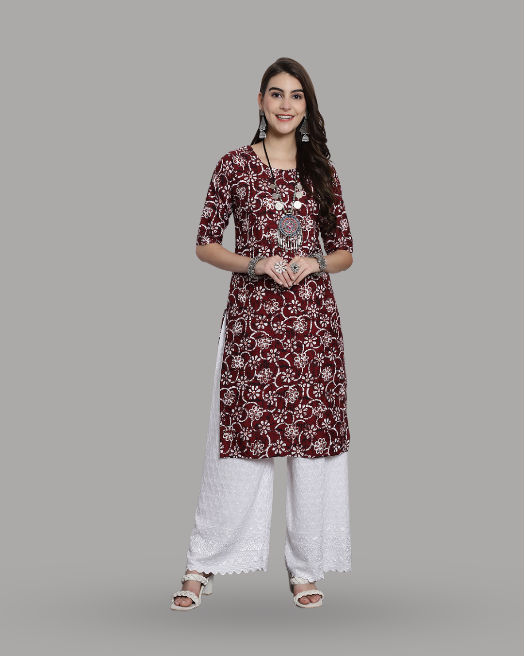 Wine Red Floral Printed Kurta