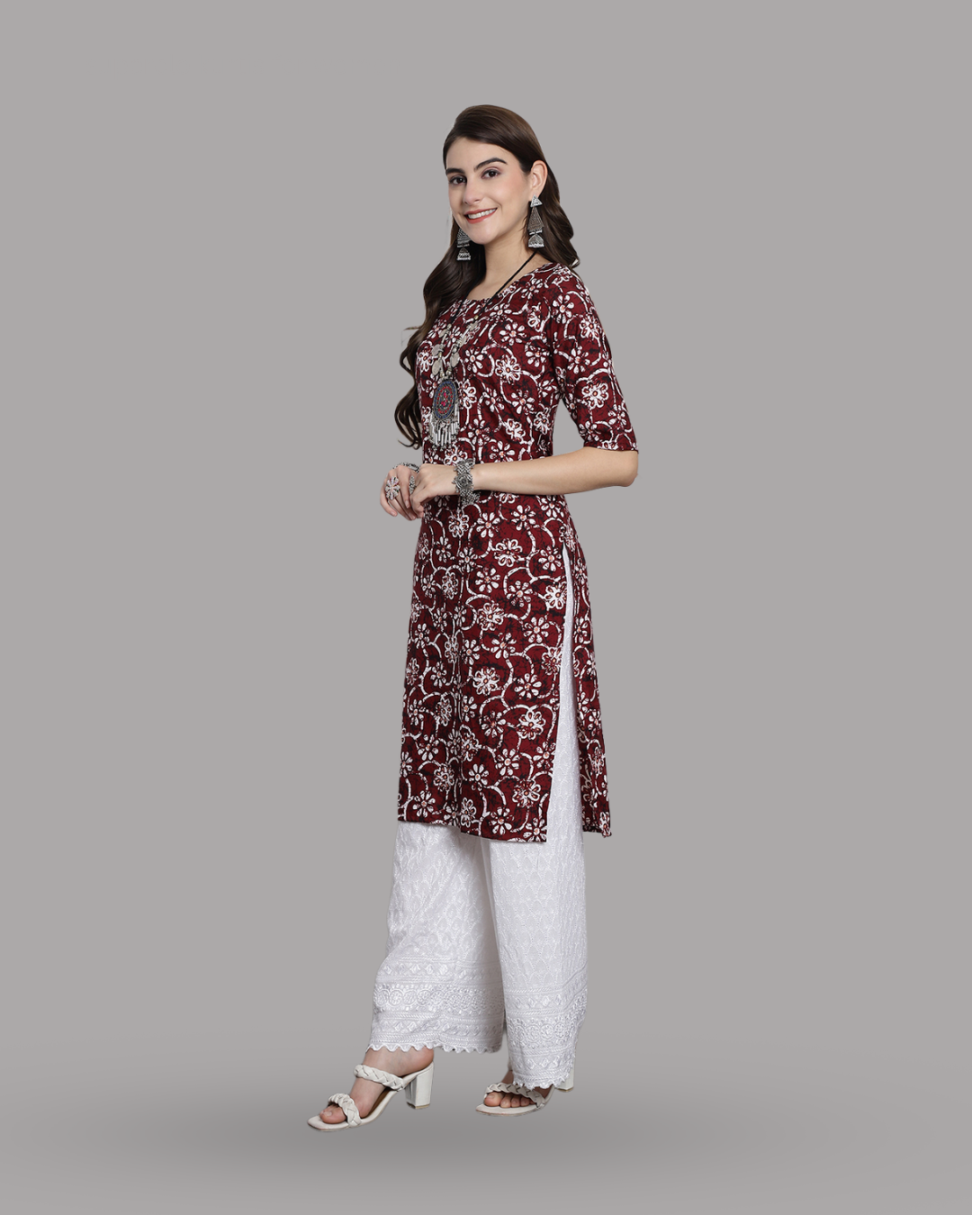 Wine Red Floral Printed Kurta