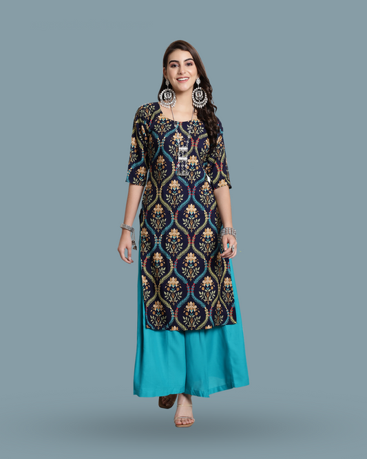 Navy Blue Ethnic Print Kurta