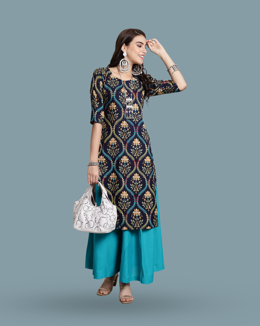 Navy Blue Ethnic Print Kurta