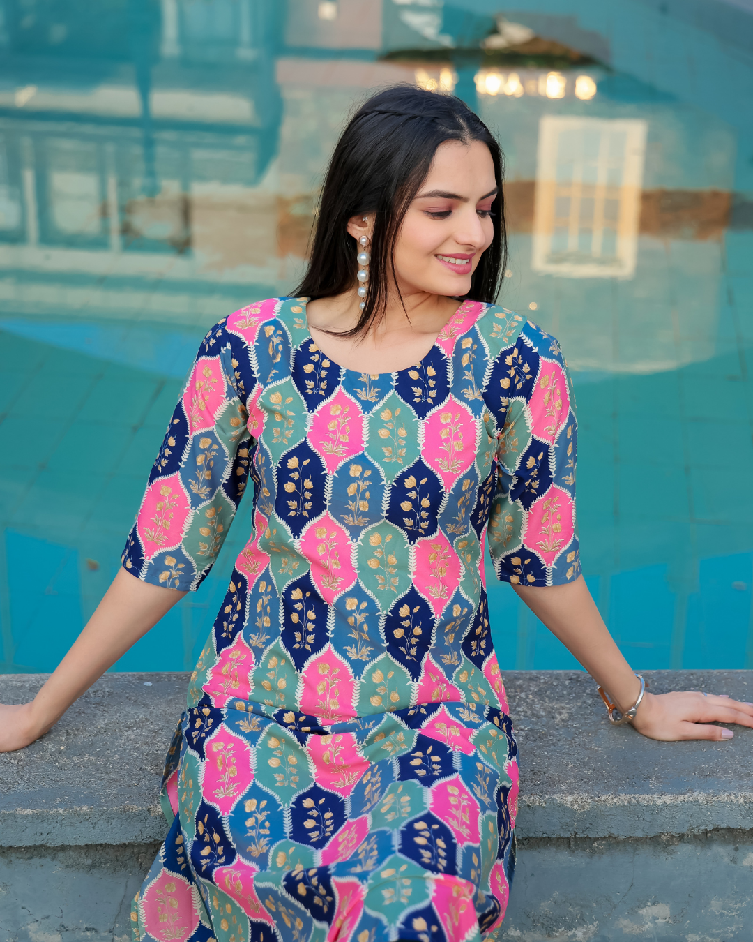 Pink & Blue Heritage Print Kurta