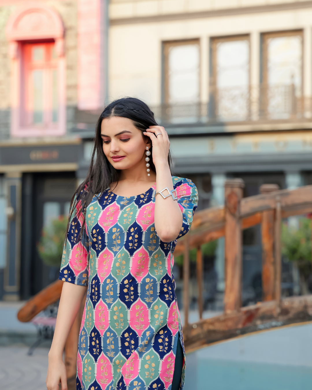 Pink & Blue Heritage Print Kurta