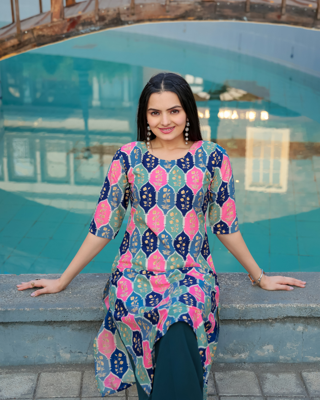 Pink & Blue Heritage Print Kurta