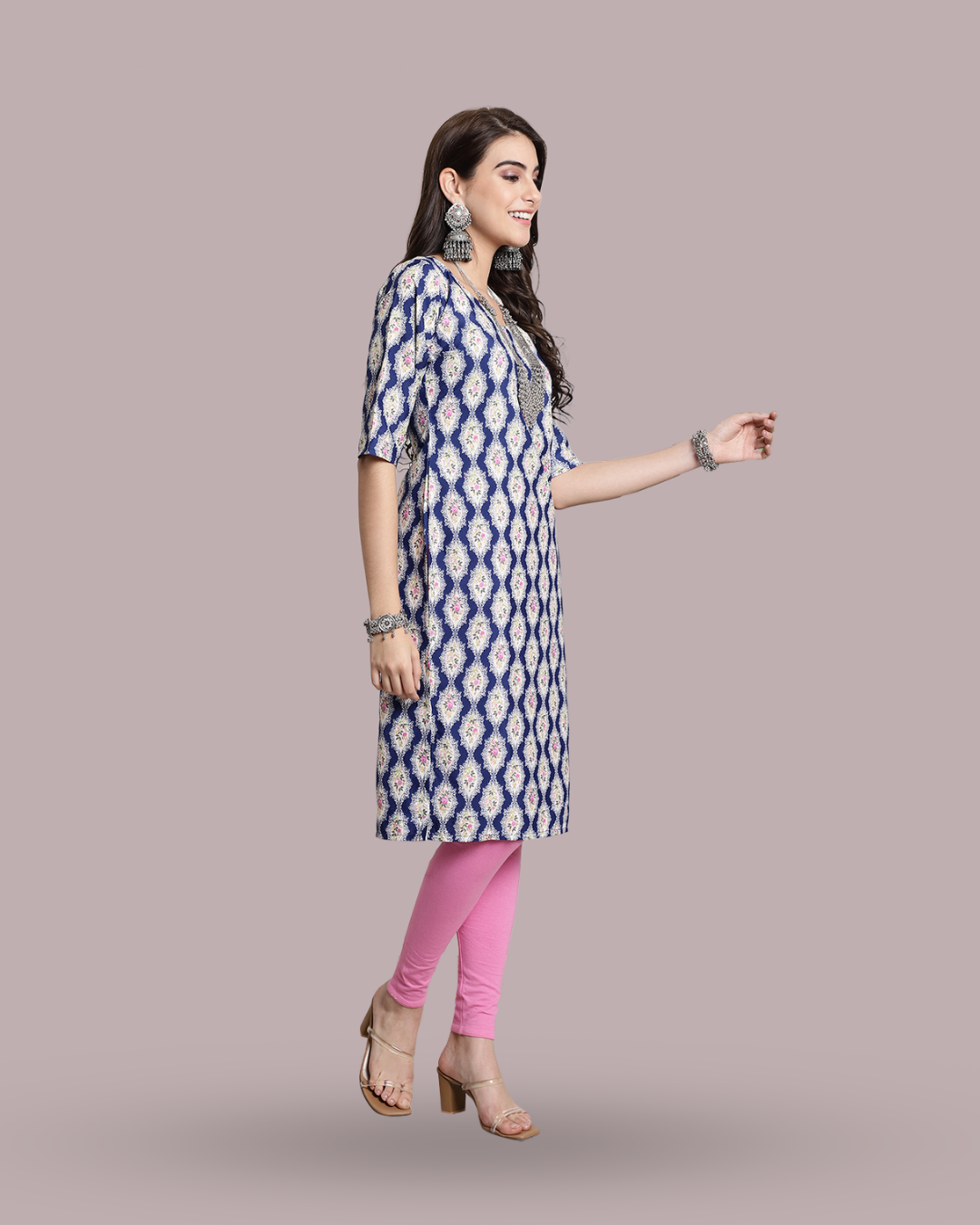 Regal Navy Blue Ethnic Print Kurta