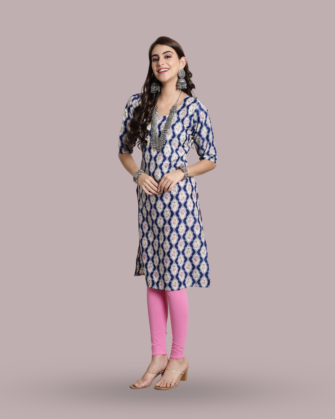 Regal Navy Blue Ethnic Print Kurta