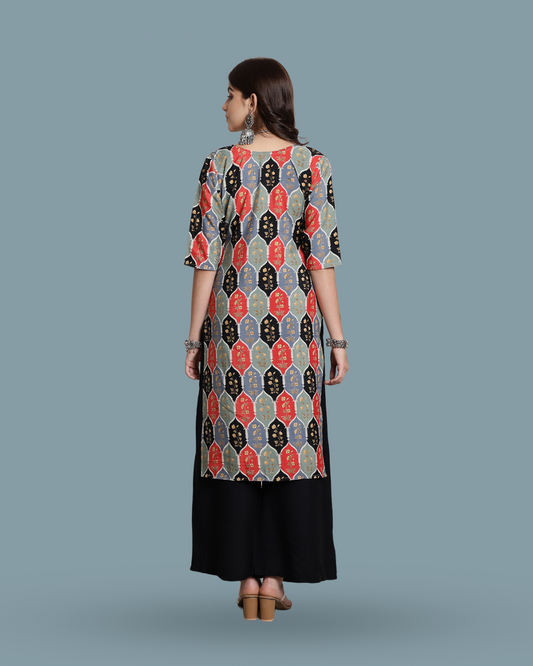 Red & Black Heritage Print Kurta