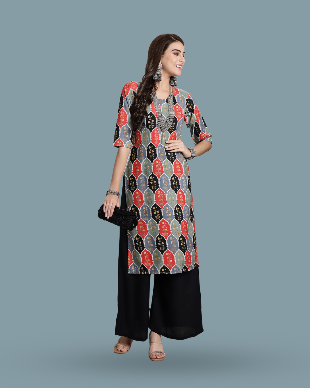 Red & Black Heritage Print Kurta