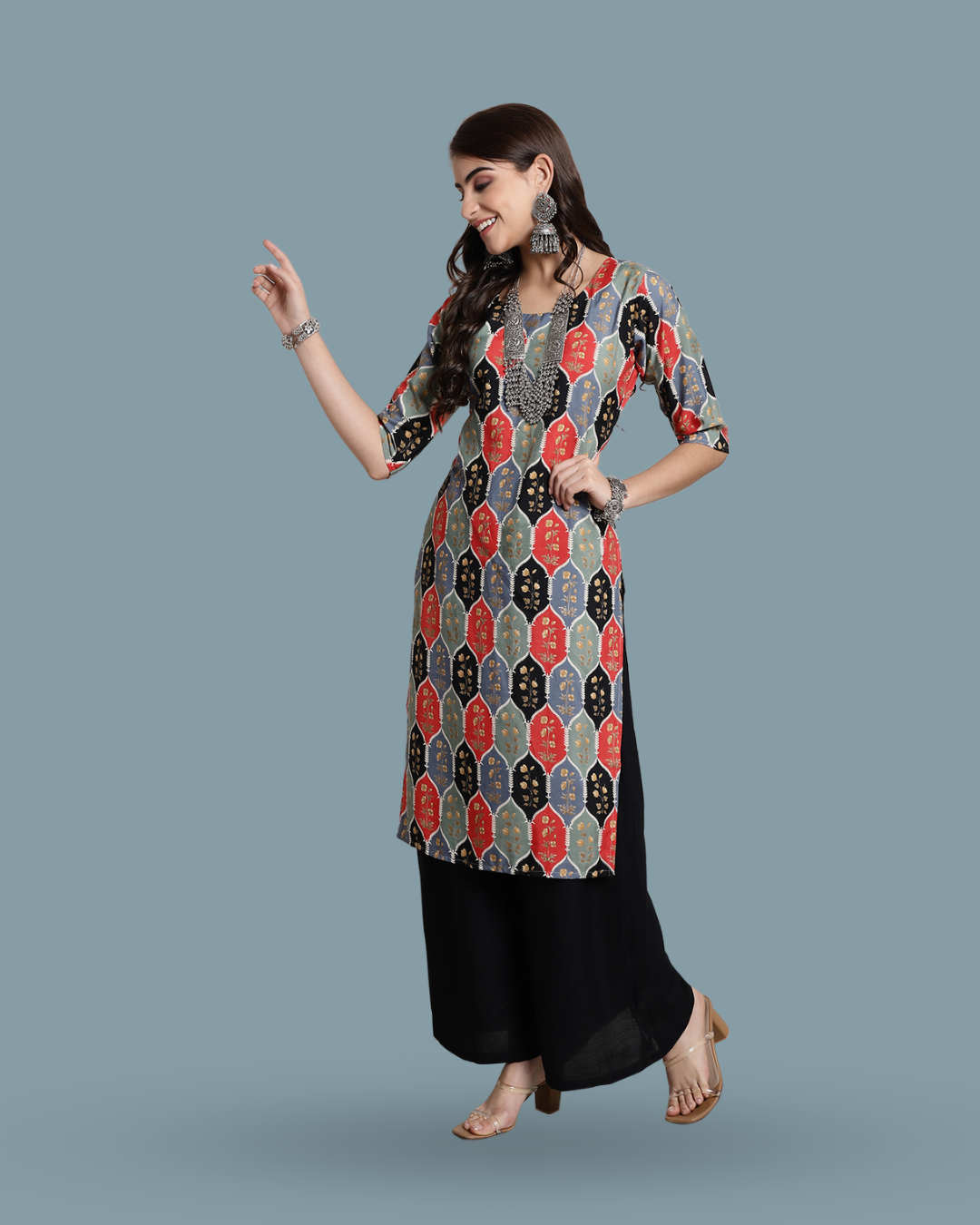 Red & Black Heritage Print Kurta