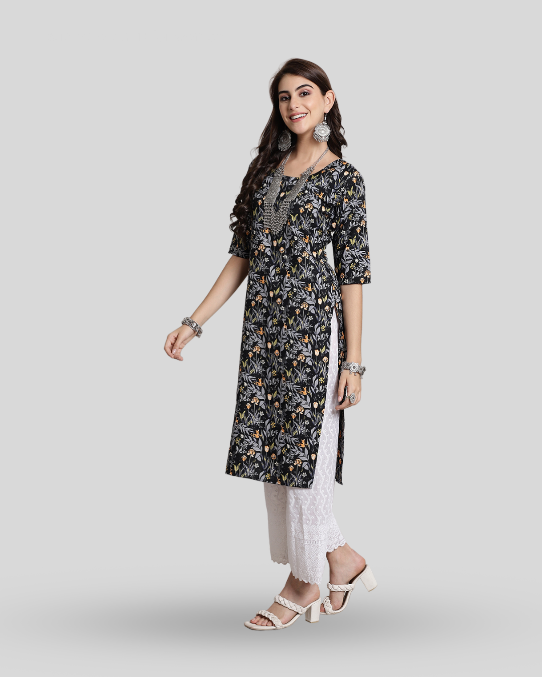 Springtime Black Floral Print Kurta