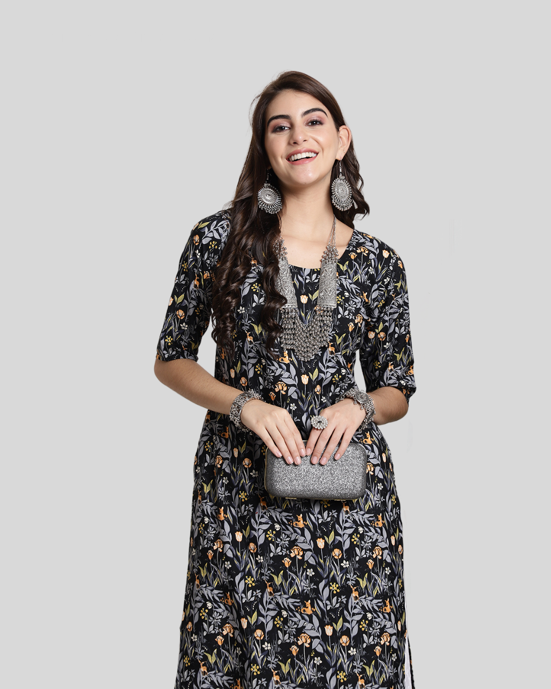 Springtime Black Floral Print Kurta