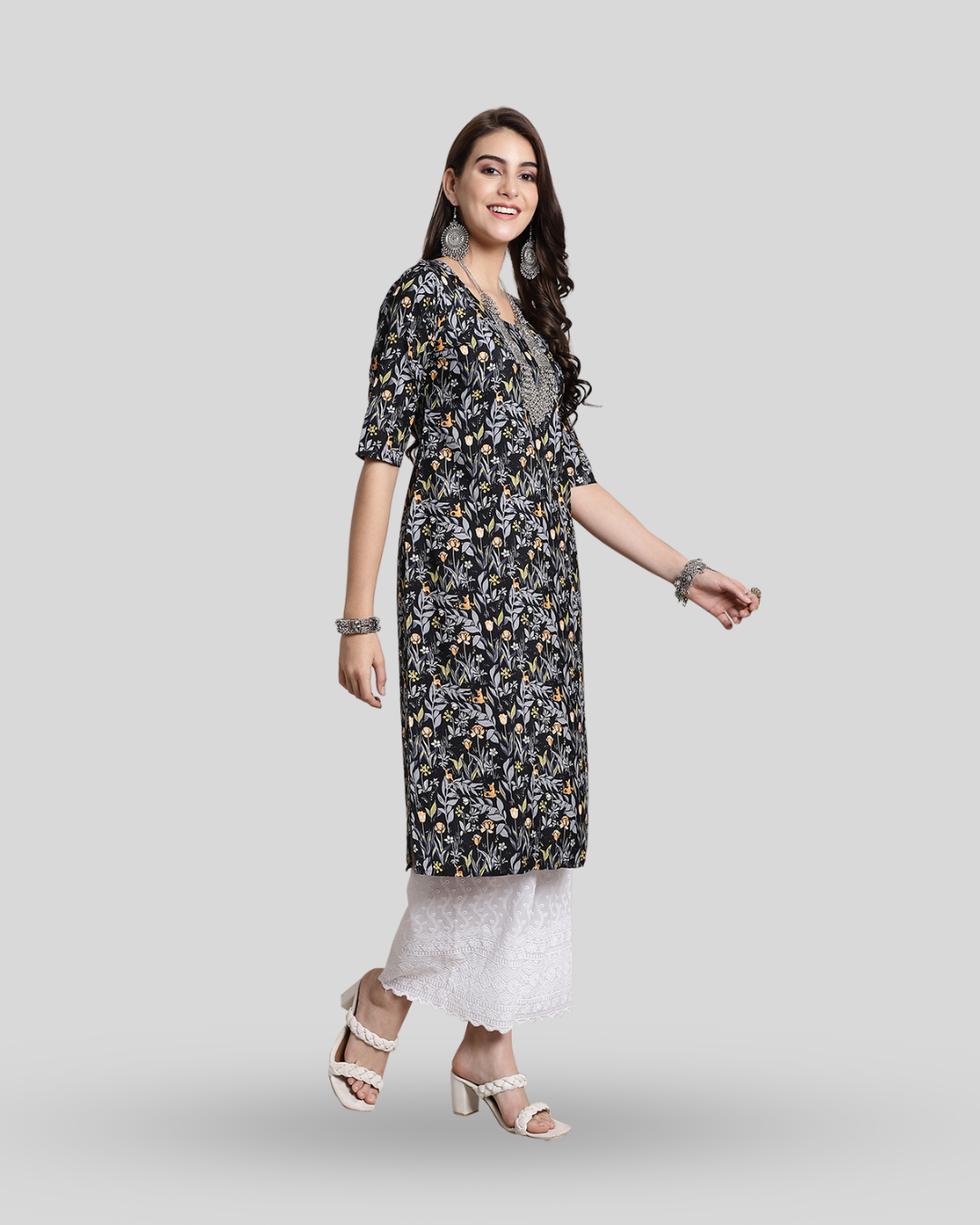 Springtime Black Floral Print Kurta