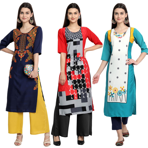 Ethnic Basket Crape Multicolor Digital Print Stright Pack of 3 Kurta 002-015-054