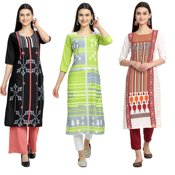 Ethnic Basket Crape Multicolor Digital Print Stright Pack of 3 Kurta 007-008-009