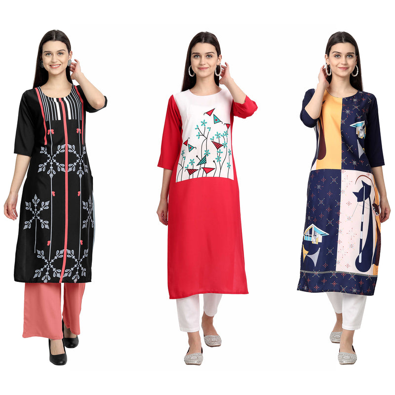 Ethnic Basket Crape Multicolor Digital Print Stright Pack of 3 Kurta 007-056-126