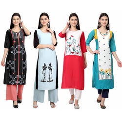 Ethnic Basket Crape Multicolor Knee Length Pack of 4 Kurtas 007-124-056-054