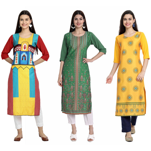 Ethnic Basket Crape Multicolor Digital Print Stright Pack of 3 Kurta 011-287-236