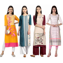 Ethnic Basket Crape Multicolor Knee Length Pack of 4 Kurtas 014-080-084-298