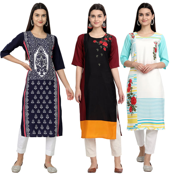 Ethnic Basket Crape Multicolor Digital Print Stright Pack of 3 Kurta 019-020-021