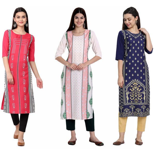 Ethnic Basket Crape Multicolor Digital Print Stright Pack of 3 Kurta 050-296-219