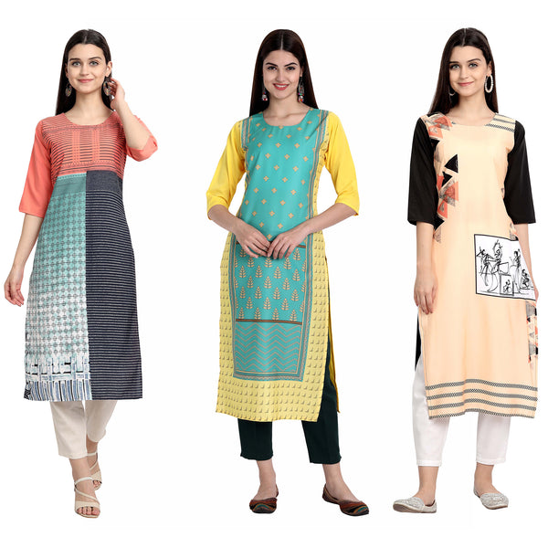 Ethnic Basket Crape Multicolor Digital Print Stright Pack of 3 Kurta 051-294-143