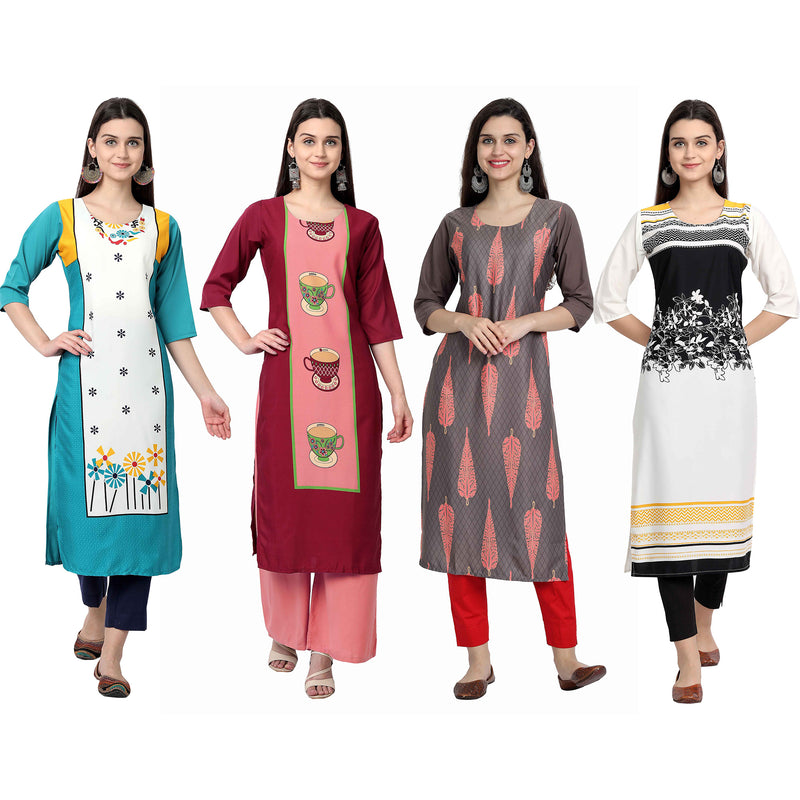 Ethnic Basket Crape Multicolor Knee Length Pack of 4 Kurtas 054-062-244-006