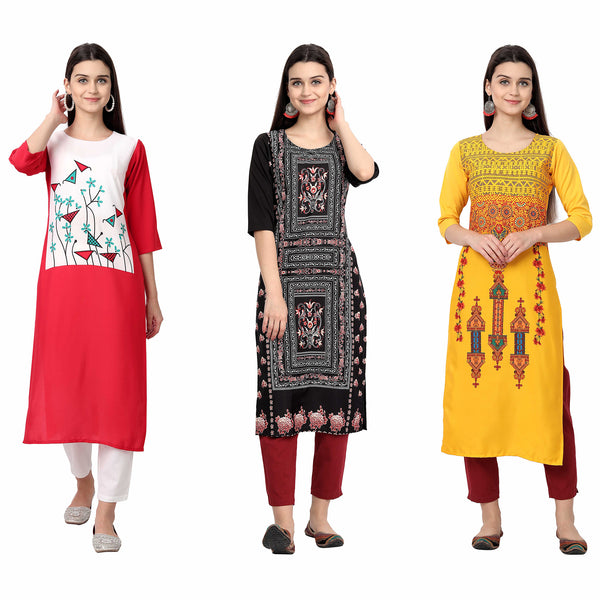 Ethnic Basket Crape Multicolor Digital Print Stright Pack of 3 Kurta 056-106-093