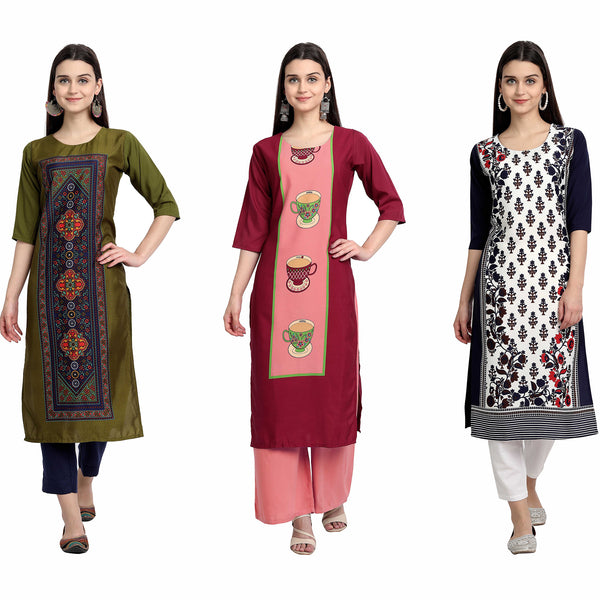 Ethnic Basket Crape Multicolor Digital Print Stright Pack of 3 Kurta 058-062-069