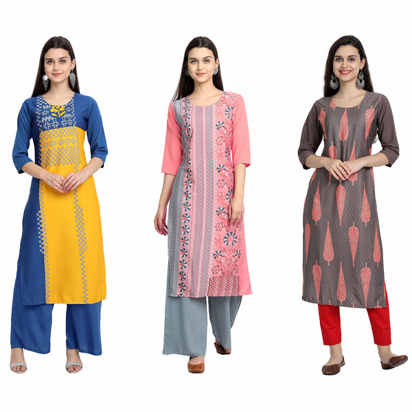 Ethnic Basket Crape Multicolor Digital Print Stright Pack of 3 Kurta 060-090-244