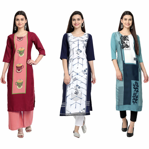 Ethnic Basket Crape Multicolor Digital Print Stright Pack of 3 Kurta 062-247-114