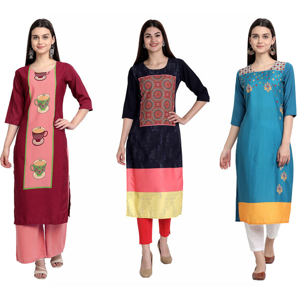 Ethnic Basket Crape Multicolor Digital Print Stright Pack of 3 Kurta 062-299-071