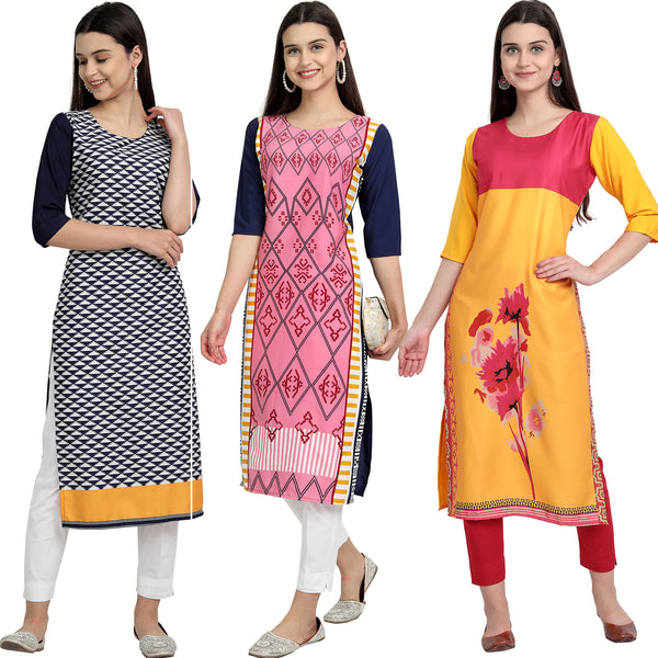 Ethnic Basket Crape Multicolor Digital Print Stright Pack of 3 Kurta 063-024-012