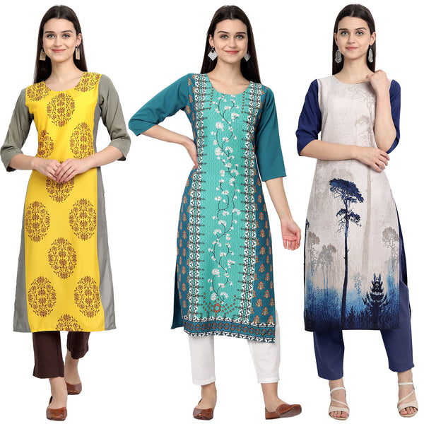 Ethnic Basket Crape Multicolor Digital Print Stright Pack of 3 Kurta 077-078-079