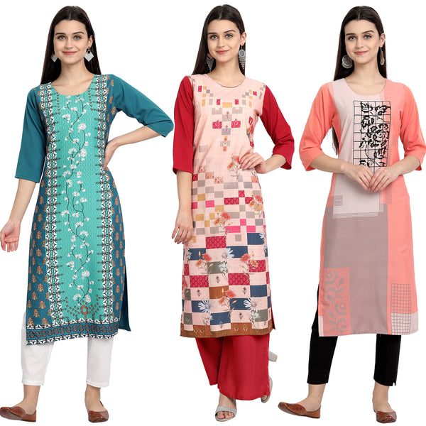 Ethnic Basket Crape Multicolor Digital Print Stright Pack of 3 Kurta 078-091-107