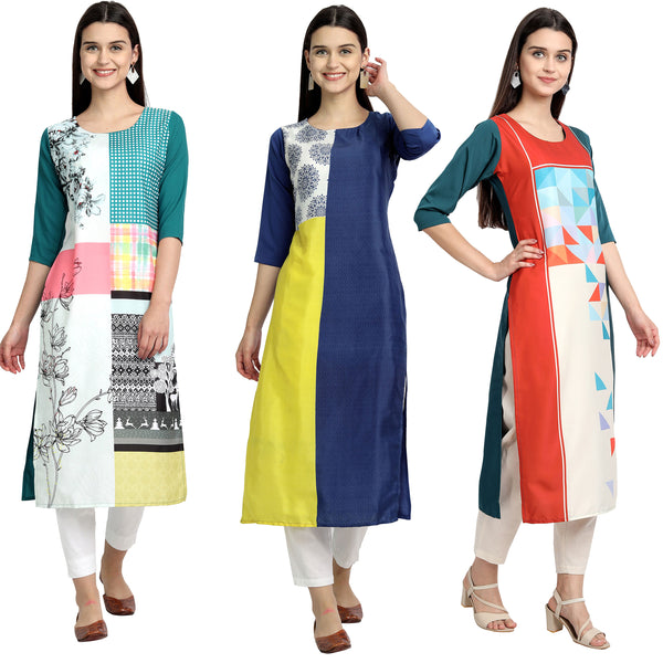 Ethnic Basket Crape Multicolor Digital Print Stright Pack of 3 Kurta 083-099-111