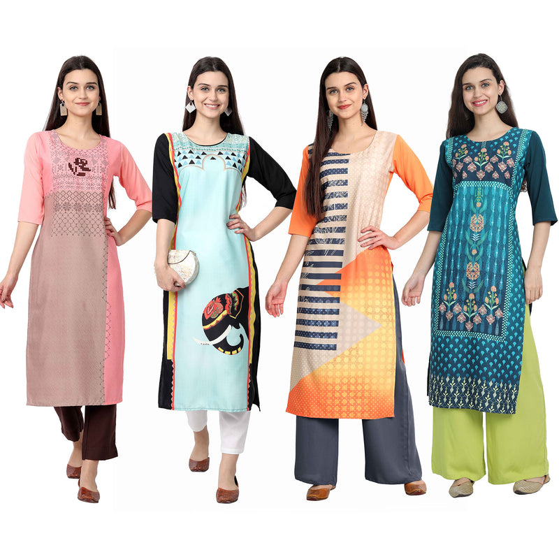 Ethnic Basket Crape Multicolor Knee Length Pack of 4 Kurtas 088-094-113-243