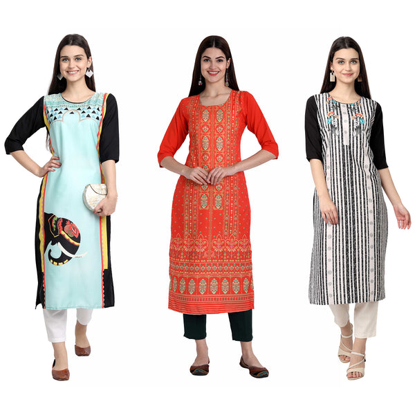 Ethnic Basket Crape Multicolor Digital Print Stright Pack of 3 Kurta 094-295-096