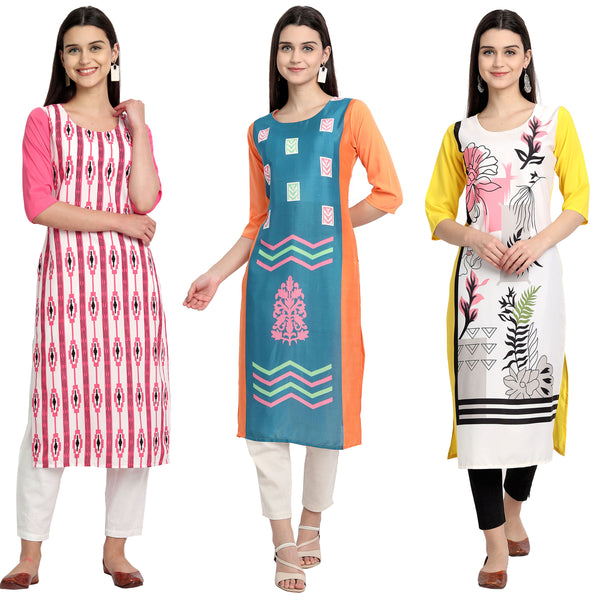 Ethnic Basket Crape Multicolor Digital Print Stright Pack of 3 Kurta 101-002-003