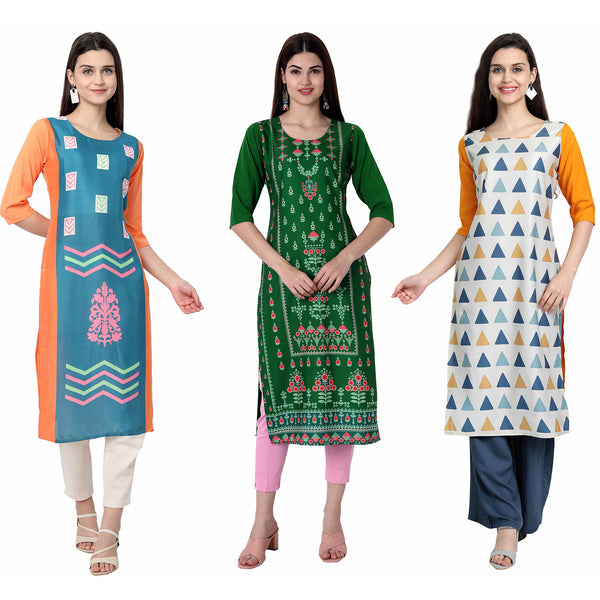 Ethnic Basket Crape Multicolor Digital Print Stright Pack of 3 Kurta 102-297-223