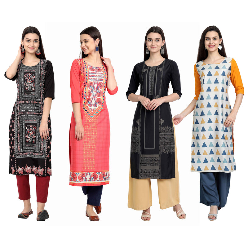 Ethnic Basket Crape Multicolor Knee Length Pack of 4 Kurtas 106-139-016-223