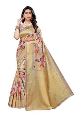Art Silk Beige Colour Printed Saree With Unstiched Blouse Piece