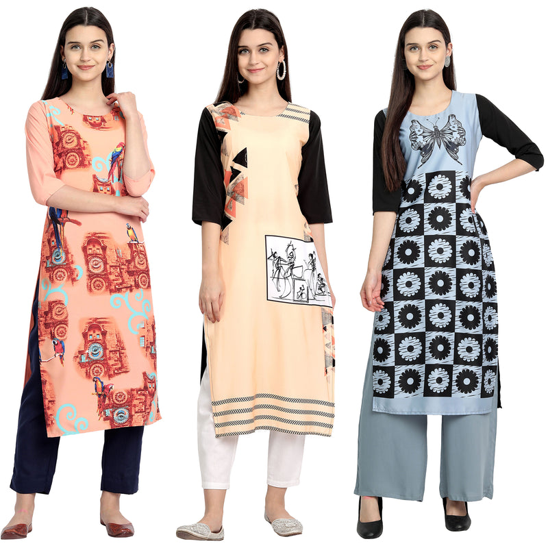 Ethnic Basket Crape Multicolor Digital Print Stright Pack of 3 Kurta 119-143-164