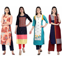 Ethnic Basket Crape Multicolor Knee Length Pack of 4 Kurtas 119-299-054-059